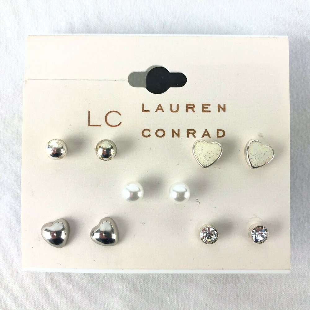 LC Lauren Conrad Earrings 5 Pairs Silver-tone 1/8"-1/4" Rhinestone Pearl Hearts